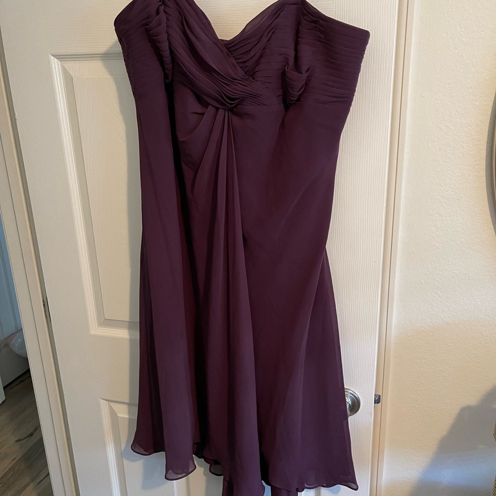 David’s Bridal dark plum chiffon dress with spaghetti straps